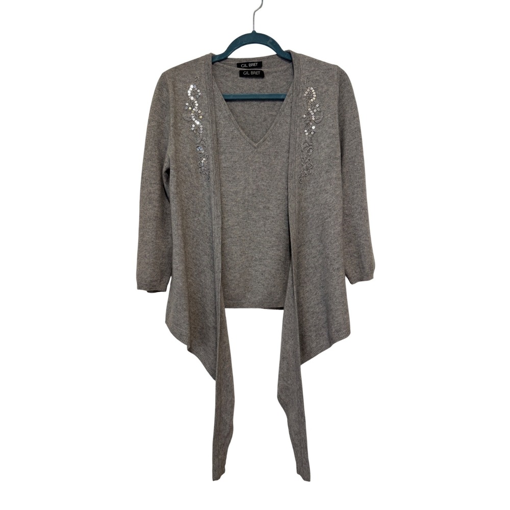 Gil Bret Grey Cashmere Blend Cardigan and Vest Twin Set Sequin Embroidered Sz S
